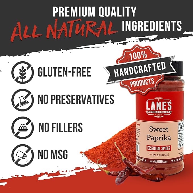 Lane's Sweet Paprika Powder, 9 oz - Premium Sweet Paprika Seasoning, Gluten-Free, All-Natural, No Preservatives, No MSG, Versatile Spice for Meats, Vegetables, and Flavorful Dishes, Made in the USA