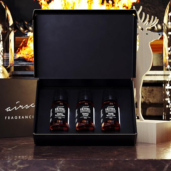 AirScent Holiday Scents Christmas Diffuser Oil 3 Pack Gift Set - 10 mL, 0.34 fl oz Fragrance Oil Set - Bourbon Pumpkin Spice, Christmas Wreath and Fireside Spiced Cider Scents