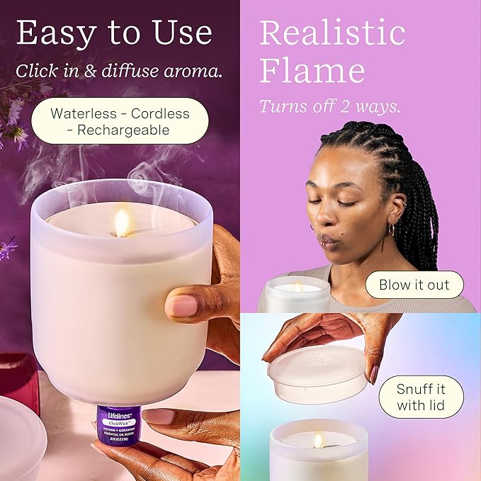 Lifelines Flameless Candle Aromatherapy Essential Oil Diffuser with 2 ClickWick Essential Oil Blends - Cordless & Waterless Diffuser for Home - Scented Electric Candles Blow Out Flame - Frosted Cream