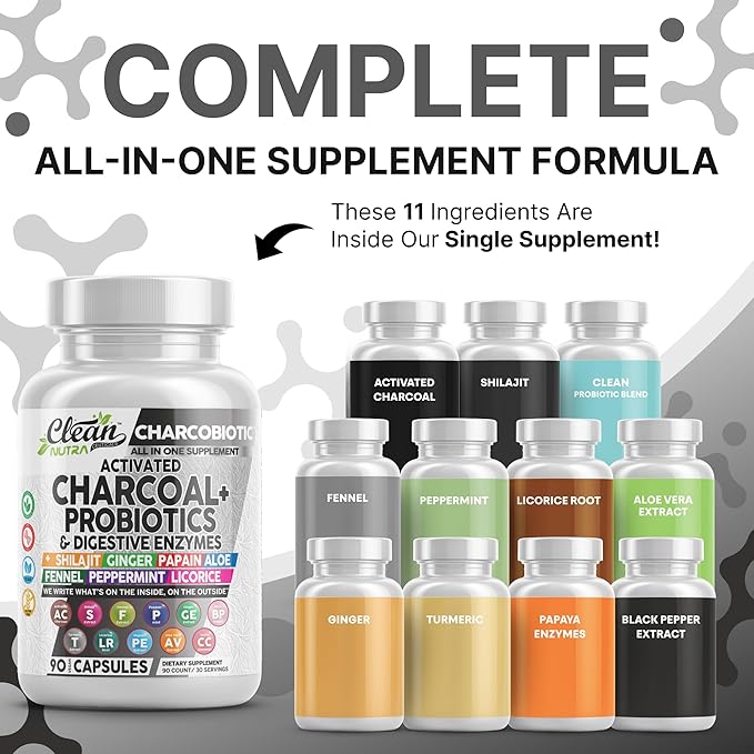 Clean Nutra Activated Charcoal Pills + Shilajit Probiotic Digestive Enzymes for Digestive Health Capsules with Peppermint Fennel Licorice Papain Ginger Turmeric Powder | Gut Health