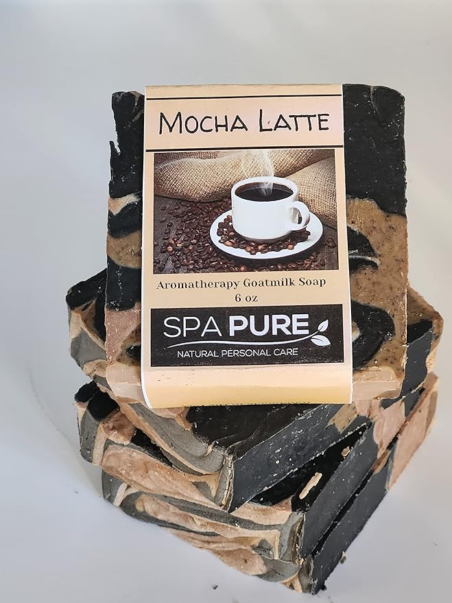 Spa Pure Aromatherapy Gift Set: Mocha Latte Artisan soap, 4 Bath Melts, Made in USA with Plant Based Ingredients, Essential Oils, All Natural, Cotton Soap Bag