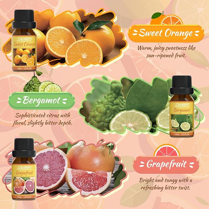 Salubrito Citrus Essential Oils Set for Diffuser, Fragrance Oil | Sweet Orange, Bergamot, Lemon, Grapefruit, Mandarin Orange, Lime Scented Oil for Soap Making, Candle Making