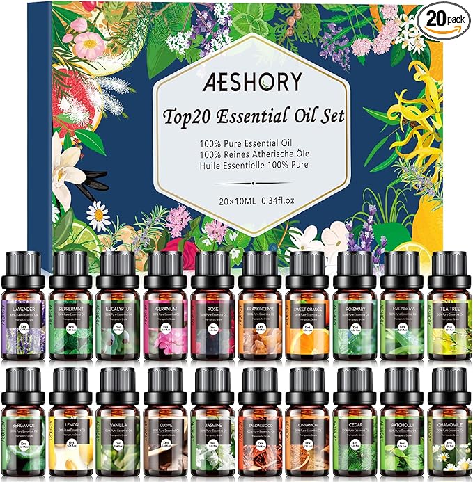 Essential Oils Set, 20x10ml Aromatherapy Essential Oil Kit for Diffuser, Humidifier, Massage, Skin & Hair Care - Lavender, Eucalyptus, Tea Tree, Sweet Orange, Lemongrass and Peppermint