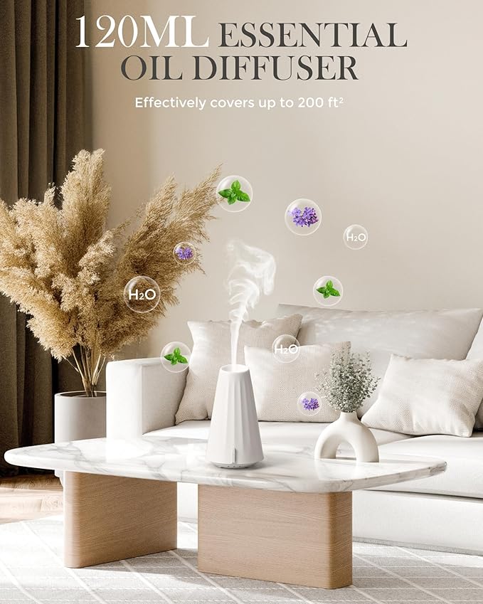 120ML Essential Oil Diffuser,Plastic USB-Power Aromatherapy Diffuser with 3 Timer Settings, Ultrasonic Quiet Operation, Sleep Helper & Dimmable Night Light for Large Room