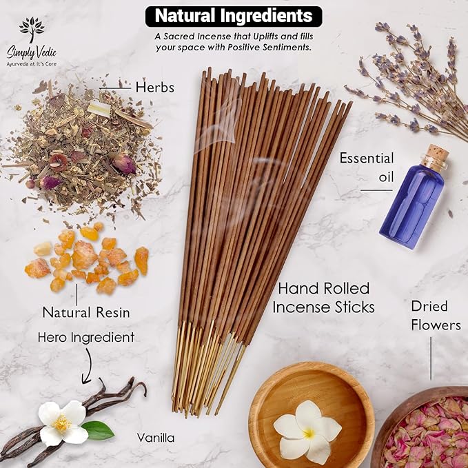 Simply Vedic Vanilla Incense Sticks – 250g Pack (Approx. 135 Handmade Agarbatti + Free Holder) | Charcoal-Free | Natural Essential Oils for Meditation, Sleep, Mood, Yoga & Aromatherapy Use