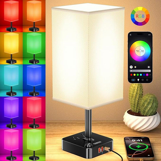 cozoo Bluetooth/WiFi RGB & USB Bedside Table Lamp with 3 USB Charging Ports and 2 Outlets Power Strip, LED Light Bulb Dimmable, Music Sync RGB Color Changing Light for Party Home/Bedroom/Living Room