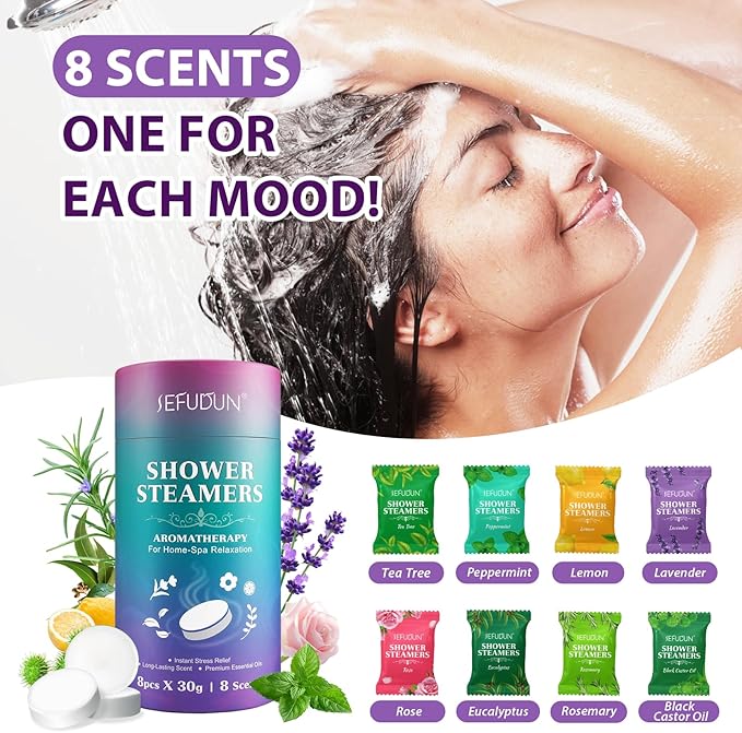 Shower Steamers Aromatherapy, Premium Long-Lasting Shower Bombs, 8 Natural Scented Shower Tablets, Individually Foil Packaged for Freshness
