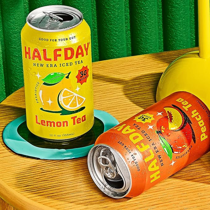 HALFDAY Prebiotic Iced Tea Peach & Lemon Variety Pack, Supports Digestive & Gut Health, 6g Plant Fiber & Prebiotics, 3g of Sugar, 35 Calories, Real Brewed Tea, Natural Caffeine, 12 fl oz (12 pack)