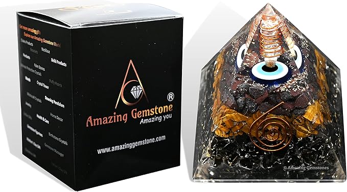 Amazing Gemstone Organite Orgone Pyramid Extra Large 95MM - Orgone Energy Pyramid with Evil Eye, Hematite, Tiger Eye,Black Obsidian Crystals&Healing Stone - Orgonite Pyramids Crystals&Positive Energy