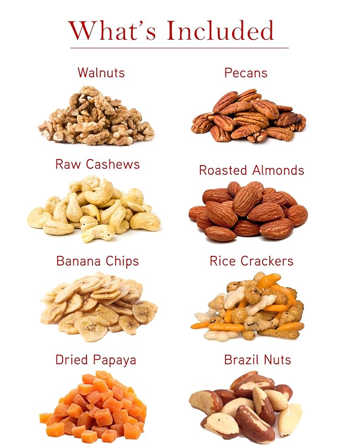 Anna and Sarah Hearth Shape Gift Basket, Premium Assorted Nuts , Dried Fruit and Snack Variety Raw Cashew -Roasted Almond-Roasted Blanched Blanched Hazelnut-Walnut-Oregon-Pecan-Brazil Nuts Dried Papaya-Banana Chips and Rice Crackers Single Serve Packs