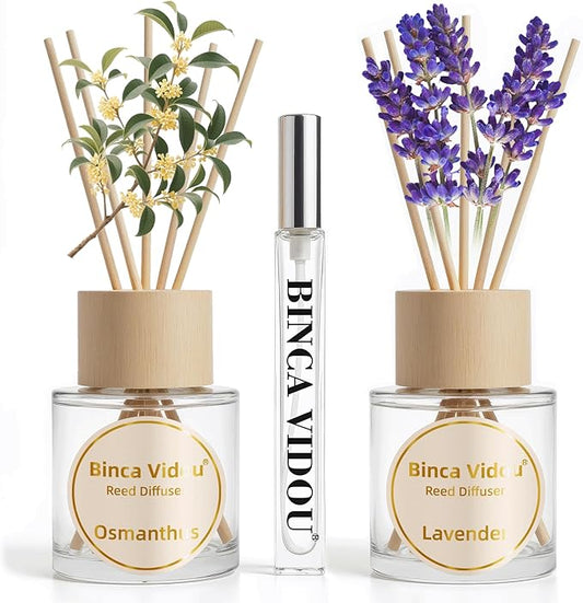 Reed Diffuser Set, Binca Vidou Lavender & Osmanthus Natural Perfume Scent Oil Diffusers with Sticks & Spray Bottle for Home Office Bathroom Aromatherapy Decor 1.69oz x 2