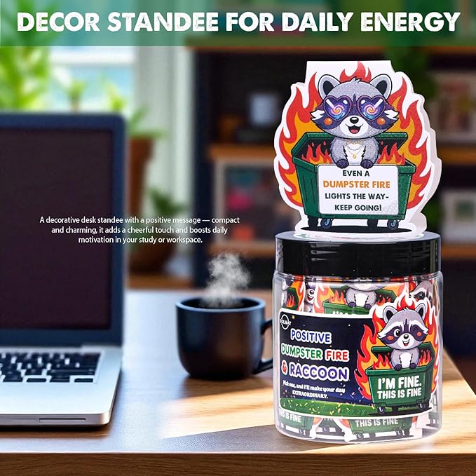 Funny Raccoon Dumpster Fire Affirmation Jar – 60 Sarcastic Positive Notes for Emotional Support, Mini Dumpster Fire Gift for Coworkers, Funny Office Desk Decor & Stocking Stuffers – SOLMAY