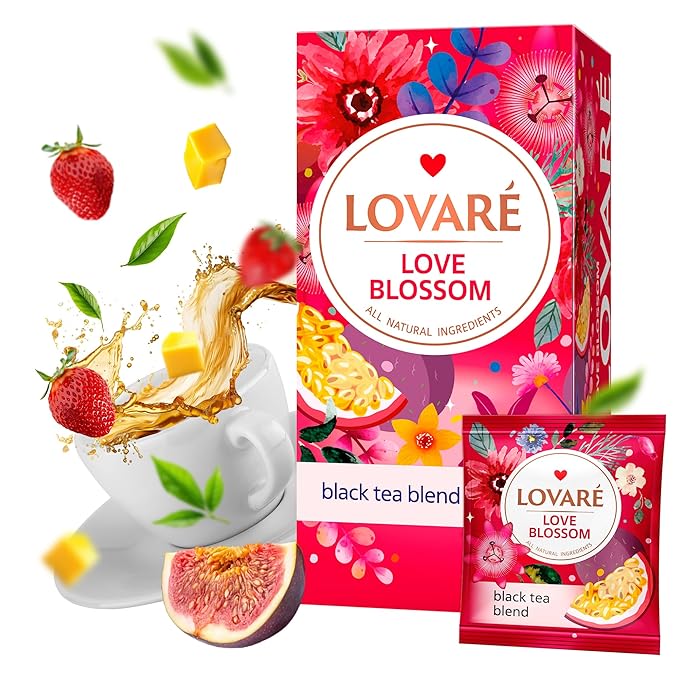 Individually Wrapped Tea Bags By Lovare Made in Ukraine - Black and Green, Floral, Passion Fruit, Huchlebbery Herbal Set with Flowers - Gift Box For Blooming Tea Lovers Men & Women - 48 g (24 tea bags x 2 g each) (Love Blossom)