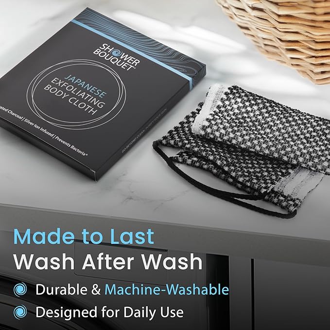 Japanese Exfoliating Washcloth for Back & Body 2-Pack - Charcoal & Silver Ion Exfoliating Towel with Handles - Two-Sided Gentle Exfoliation & Deep Cleanse Body Wash Cloths for Shower - 1 White 1 Green