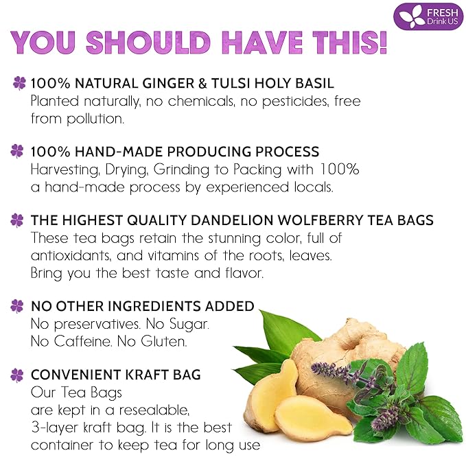 FreshDrinkUS, Premium 135 Ginger Tulsi Tea Bags, 100% Natural, Hand-made Blend of Ginger and Tulsi Holy Basil Leaves, Eco-conscious Tea Bags. Ginger Tulsi Herbal Tea. No Sugar, No Caffeine, Vegan.