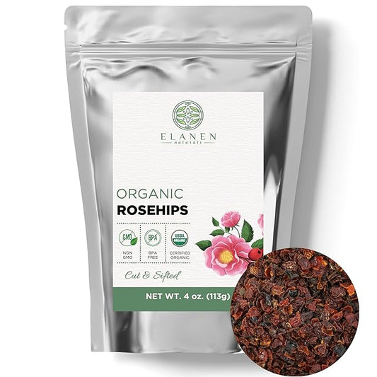 Elanen Naturals Organic Rose Hips 4 oz. (113g), USDA Certified Organic Rosehip Tea, Dried Rose Hips, Whole Rosehips Bulk, Cut & Sifted