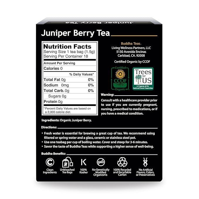 Buddha Teas Organic Juniper Berry Tea - OU Kosher, USDA Organic, CCOF, 18 Bleach-Free Tea Bags