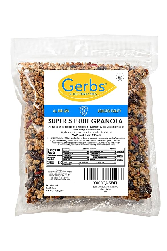 Gerbs Super 5 Fruit Granola, 2 LBS - Top 14 Food Allergy Free & Non GMO - Unsulfured & Keto Safe - Cranberry, Blueberry, Goji Berry, Cherry, Raisin