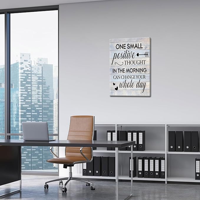 Farmhouse Inspirational Wall Decor for Home Decoration – One Small Positive Thought in the Morning Quote Picture Canvas Prints, Motivational Wall Art for Living Room Bedroom 16x24 inch Framed