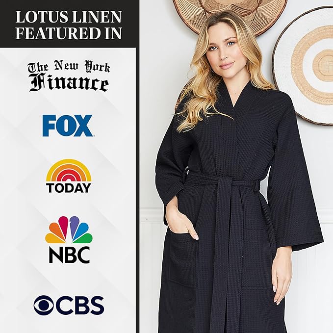 Lotus Linen Waffle Robes for Women - Lightweight Cotton Kimono Bathrobe - Long Soft Spa Bath Robe
