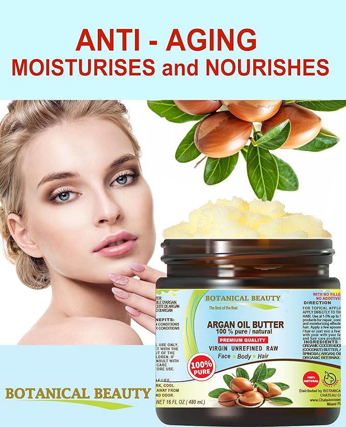 Botanical Beauty ARGAN OIL BUTTER RAW 100% Pure Natural VIRGIN UNREFINED Cold-Pressed for Face, Skin, Body, Hair, Lip, Nails. Rich in Vitamin E (8 Fl Oz)