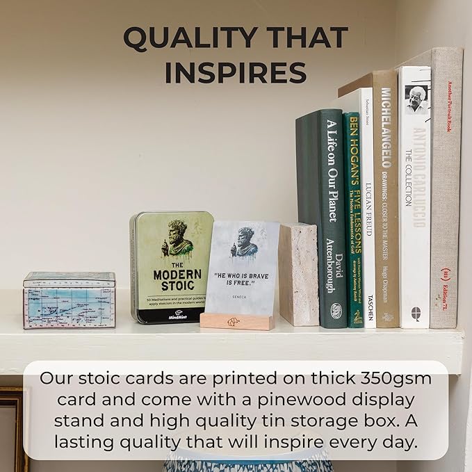 Daily Stoicism Affirmation Cards - 50 Stoic Life Change Quotes, Philosophy Gift for Men in Tin Box with Wood Stand - Desk Accessories Office Decor for Men - Inspirational & Motivational Cards