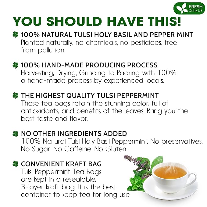 FreshDrinkUS, Premium Tulsi Peppermint Herbal Tea – 55 Tea Bags, 100% Natural, Blend of Tulsi Holy Basil Leaves, and Peppermint Leaves. Made with Natural Material Tea Bags. No Sugar, Vegan.