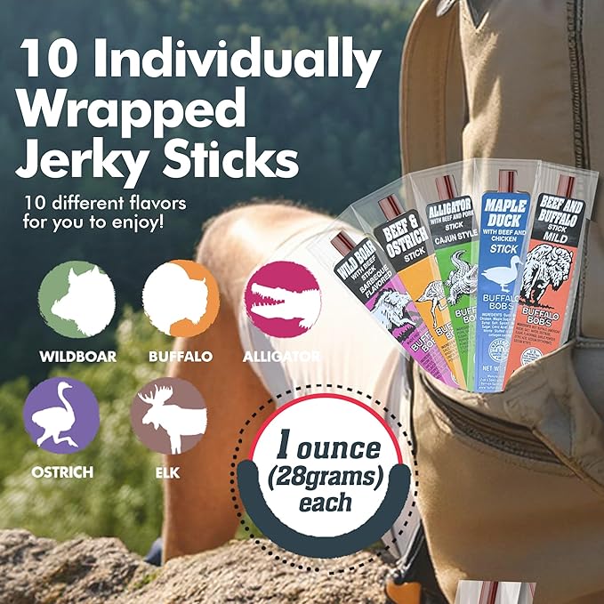 Jerky-n-Spice Wild Game Meat Sticks (10-Pack) | Ultimate Exotic Snacks | Beef Jerky Gifts for Men | Delicious Jerky Variety Pack Ideal for Anniversary, Camping, Hunting & Birthday Events