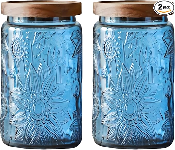 ANSQU Set of 2 Vintage Blue Glass Storage Jars with Wood Lids, 34oz Kitchen Canisters for Coffee, Sugar, Cookies, Candy – Decorative Pantry Organizers (Blue 2, 34 Ounces)