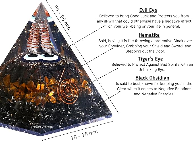 Amazing Gemstone Organite Orgone Pyramid Extra Large 95MM - Orgone Energy Pyramid with Evil Eye, Hematite, Tiger Eye,Black Obsidian Crystals&Healing Stone - Orgonite Pyramids Crystals&Positive Energy