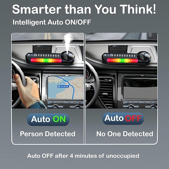 Smart Car Air Freshener with Solar, Car Diffuser with Auto On/Off, Aluminum Alloy Body, 3 Adjustable Concentration, Built-in Battery, Ambient Light, Best Essential Oil Diffuser for Car Black