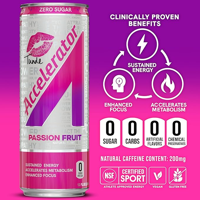 Accelerator Energy Drink Sugar Free, Passion Fruit Tunde 12oz can(12 pack), Zero Sugar Energy Drinks with Sustained Energy from 100% Natural Caffeine (200mg) & Green Tea extract