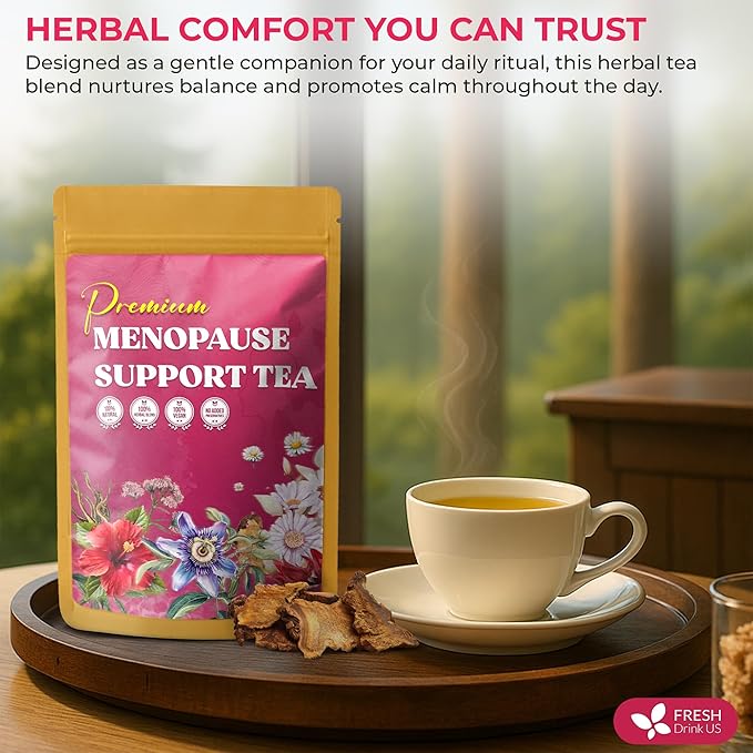 FreshDrinkUS, 40 Tea Bags - Menopause Support Herbal Tea – Soothing Blend with Rhubarb, Hibiscus, Valerian, Passiflora, Ashwagandha, Fennel & Chamomile, Caffeine-Free, Vegan, Non-GMO