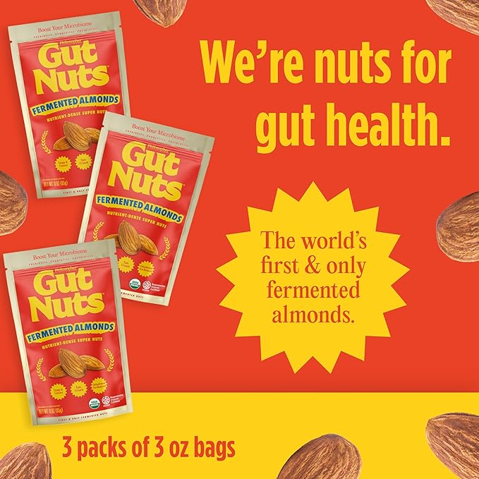Gut Nuts - Fermented and Sprouted "Sourdough" Almonds for Gut Health - Tangy, Umami, & Salty Flavors - Super Crunchy Low Carb Keto Snacks - Low Sugar Prebiotic & Postbiotic Almond Snacks - 3oz Pouch (3 Pack) - by Philosopher Foods