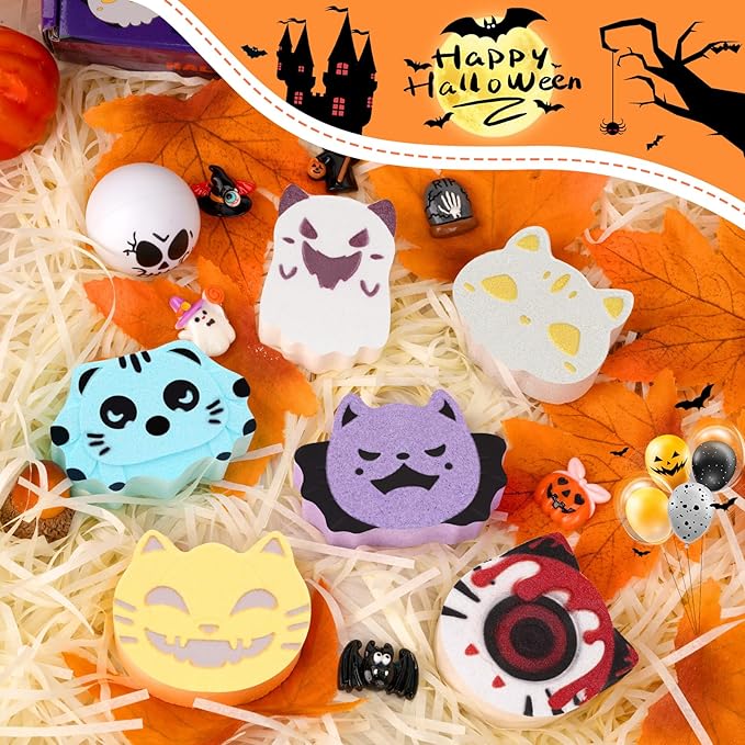 Halloween Bath Bombs for Kids,6 Pack Bubble Bath Bombs with Toys Inside,Halloween Spooky,Spider,Bat,Cat Shape Bath Bomb,Halloween Gifts for Kids Boys Girl