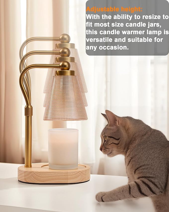Candle Warmer Lamp with Timer, Dimmer, Adjustable Height, 2 Replacement Bulbs, Electric Candle Warmer for Jar Candles, Decorative Candle Lamps (Gold)
