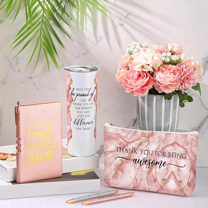 Domensi 6 Pcs Employee Appreciation Gift Set for Women Female Thank You Gift May You Be Proud 20 oz Rustic Marble Sign Tumbler Makeup Bag Journal for Teacher Nurse Lady Work Business(Pink)