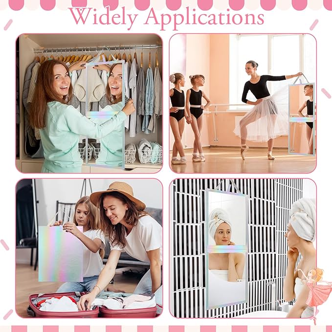 Chunful Foldable Backstage Mirror with Handle Holographic 33.5 X 13.4 Inch Folding Hanging Mirror Rectangular for Travel Dance Bag Home Fitness Spa Gift for Dancers (White)