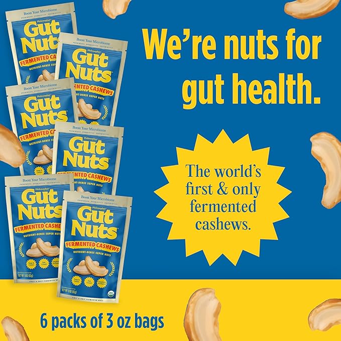 Gut Nuts - Fermented and Sprouted "Sourdough" Cashews for Gut Health - Tangy, Umami, & Salty Flavors - Super Crunchy Low Carb Keto Snacks - Low Sugar Prebiotic & Postbiotic Cashew Snacks - 3oz Pouch (6 Pack) - by Philosopher Foods