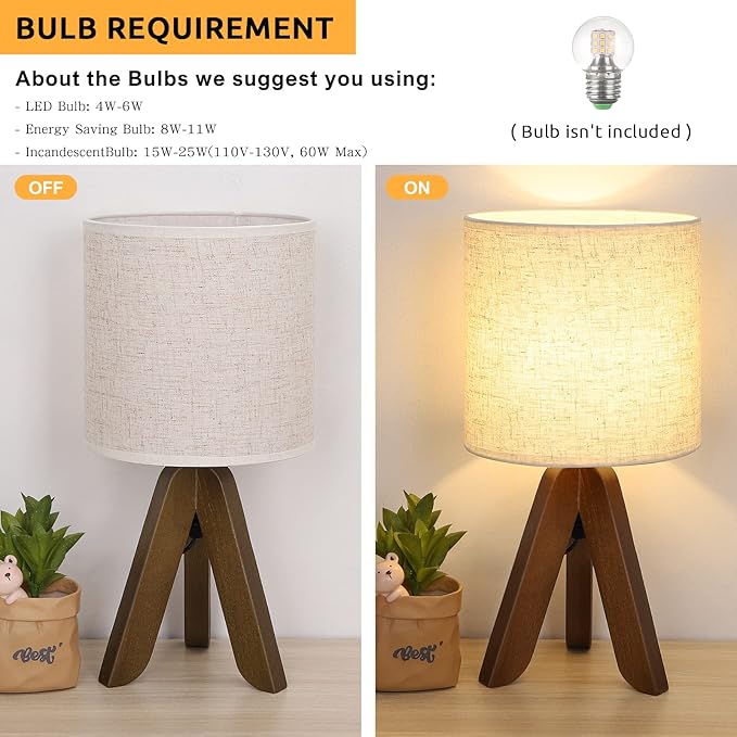 HAITRAL Wooden Tripod Table Lamp with Brown Base, Small Table Lamp Bedsides Lamp with Linen Fabric Shade, Nightstand Lamp Cute Night Lamp for Bedroom,Kids Room,Nursery,Dorm