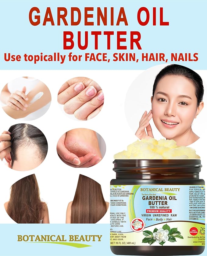 Botanical Beauty GARDENIA OIL BUTTER 100% Natural Gardenia Essential Oil in Shea Nut Butter for FACE, SKIN, BODY, HAIR, NAILS. Beauty Skin Moisturizer Oil Butter. (16 Fl Oz)