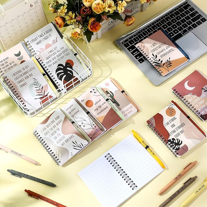 Kosiz 24 Pcs/12 Set Positive Affirmation Gifts Gratitude Spiral Notebooks with Pens Motivational Encouragement Notepads Daily Affirmations Journal for Women (Boho)
