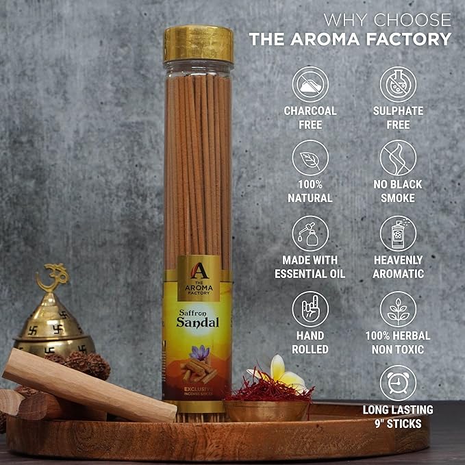 The Aroma Factory Kesar Chandan Agarbatti for Pooja, Luxury Incense Sticks, Low Smoke and Zero Charcoal, Meditation (Bottle Pack of 1, 100 Gram) 4 Cm X 4 Cm X 26 Cm Multicolour