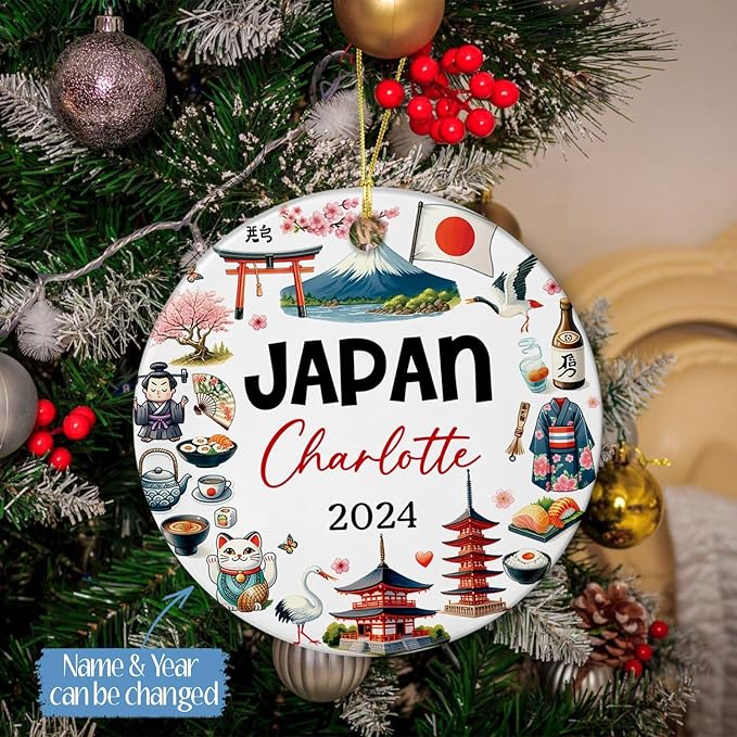 Japan Culturally Artistic Ceramic Ornament Xmas 2025, Personalized Japan Landmark Christmas Ornament, Japan Travel Souvenir Xmas Tree Ceramic Ornament, Custom Name Tokyo City Christmas Keepsake Decor