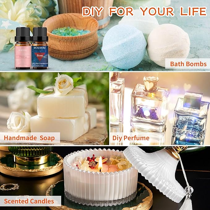 BURIBURI Rose Oil and Peony Essential Oil Set 2 Pack, 100% Pure Diffuser Rose Essential Oil 10ml for Massage, Soap Making