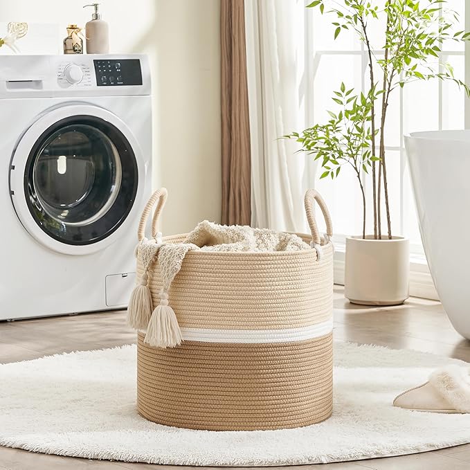 KAKAMAY Large Blanket Basket (18"x18"x16"),Woven Baby Laundry Hamper for Storage, Cotton Rope Blankets Baskets for Nursery, Laundry, Living Room, Pillows, Baby Toy chest with Handles (Light Brown)