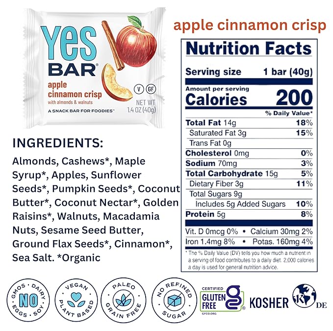 The YES Bar Apple Cinnamon Crisp – Plant Based Protein, Decadent Snack Bar – Vegan, Paleo, Gluten Free, Dairy Free, Low Sugar, Healthy Snack, Breakfast, Low Carb, Keto Friendly (1.4 oz Bar)