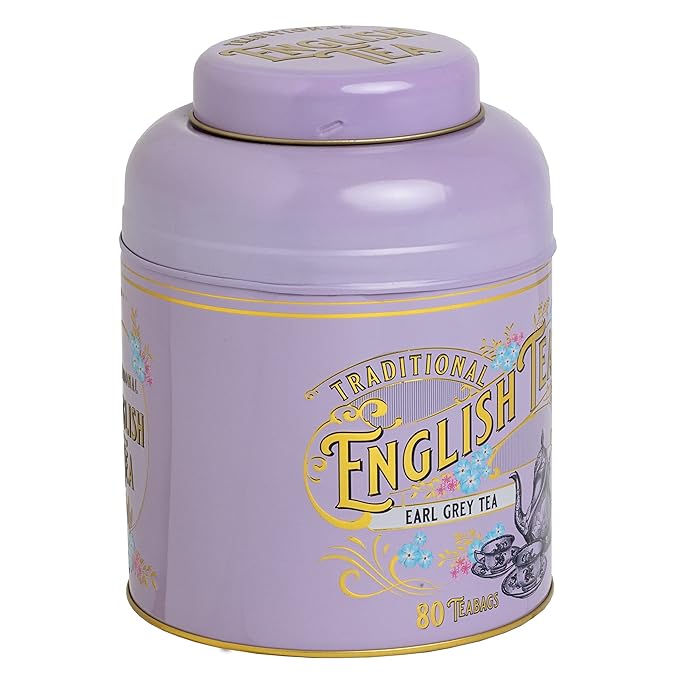 New English Teas VIntage Victorian Tea Caddy with 80 Earl Grey Teabags – Lilac – Forget Me Not Florals & Classic Tea Set Design