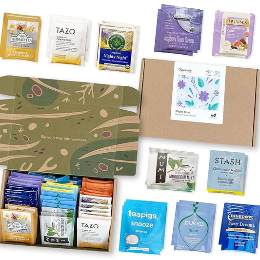 Sippingly Night Time Tea Sampler – 40 Herbal Teas – 10 Flavors from Top Brands – Chamomile, Lavender, Passionflower – Perfect Relaxation & Sleep Support – Ideal Wellness Gift – Kosher, Gluten-Free