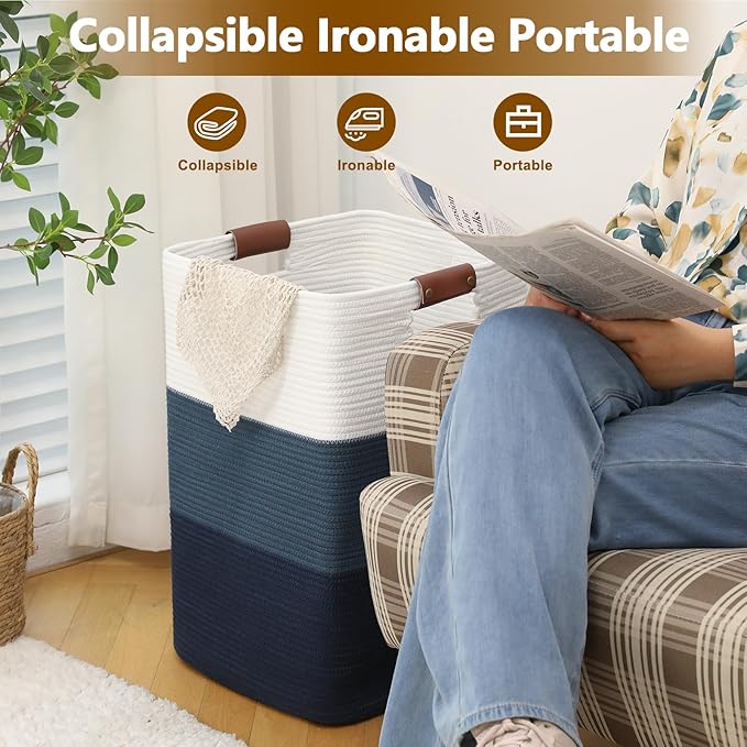 Laundry Hamper 96L Extra Large Laundry Basket, Woven Blanket Basket, Cotton Woven Storage Hamper with Handles for Living Room, Large Baskets for Pillows, Blankets, Clothes-Gradient Blue